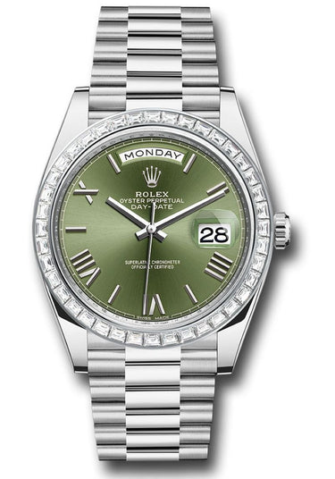 Rolex Day - Date 40 Baguette Diamond Bezel Olive Green Roman Dial President Bracelet 228396TBR German Day Wheel - WatchesOff5th